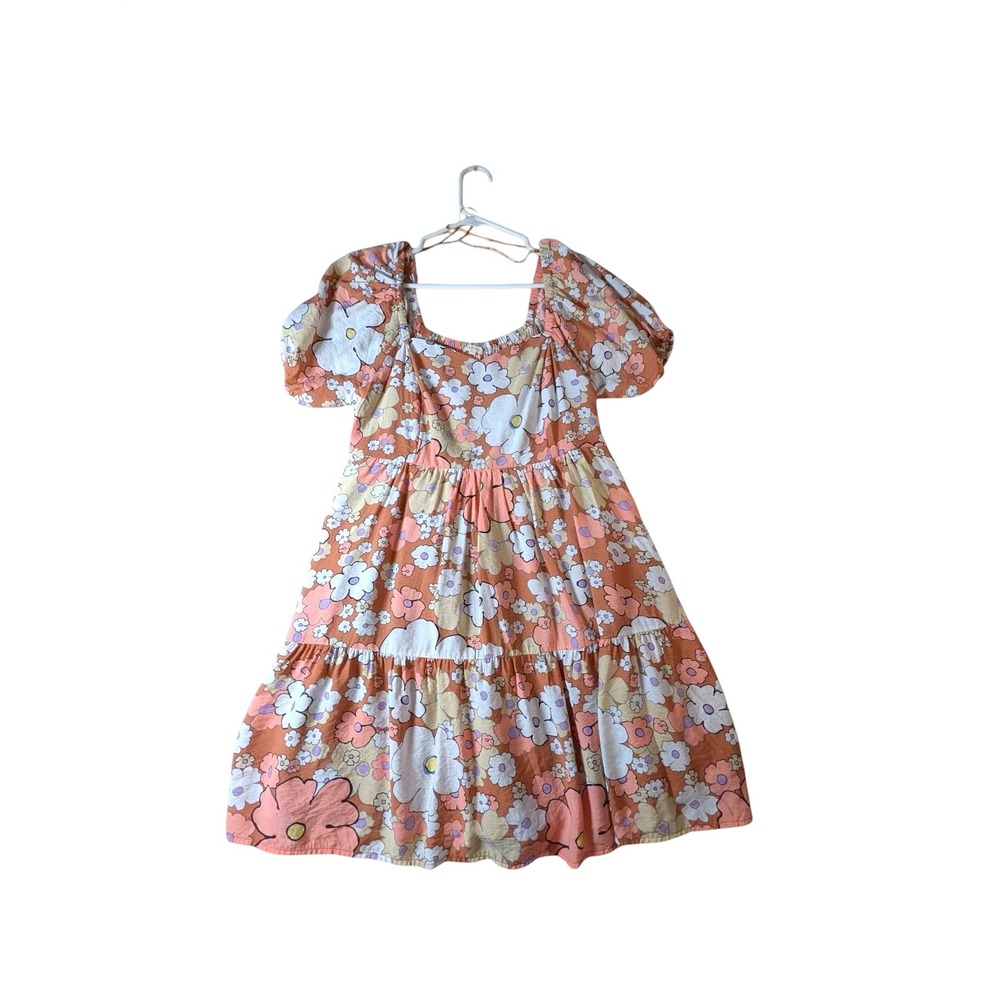 Jodifl Floral Puff Sleeve Tiered Mini Dress Orange Retro 70s Style Large